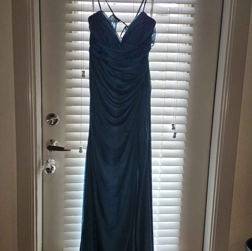 Azazie Teal Prom Rouched Gown Side Slit - Picture 4 of 5